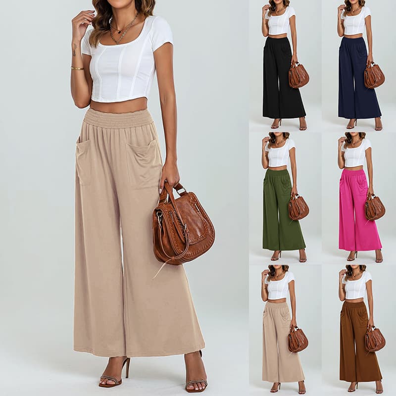 2025 New Amazon TEMU European and American Women's Elastic High-Waist Slightly Flared Loose Casual Long Pants with Pockets