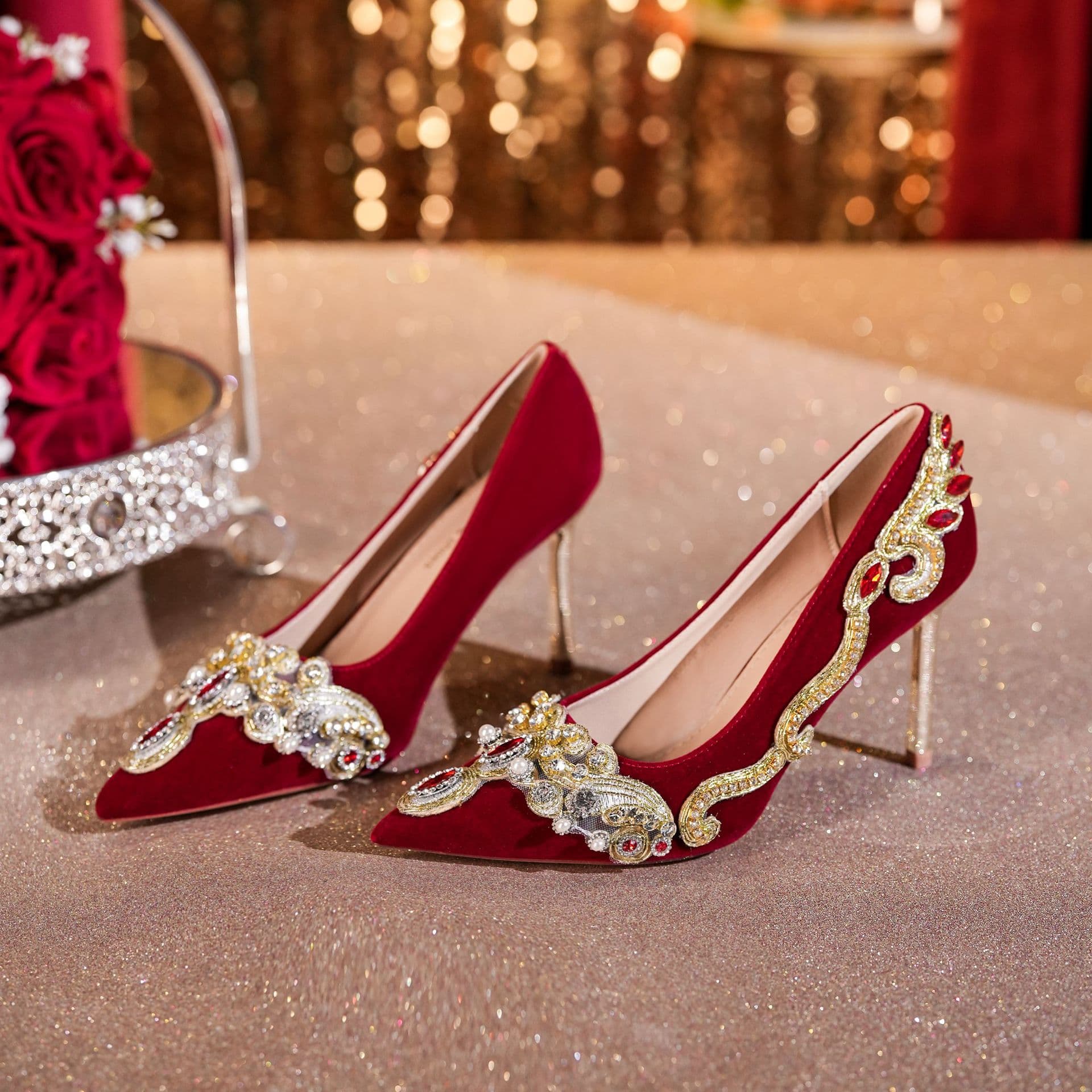 8777H-127 Suede Thin Heel Shallow Mouth Wedding Shoes Rhinestone Red High Heels Women's Show Hefu Women's Shoes Premium Feel