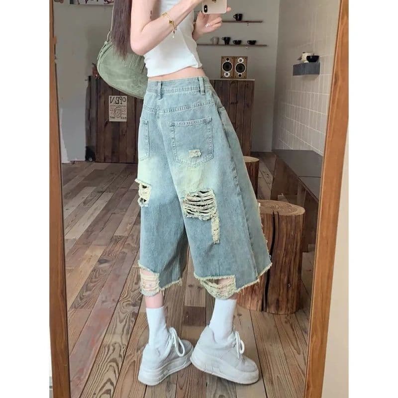 American Casual Vintage Ripped Raw Hem Cropped Jeans, Summer New High Waist Loose Wide Leg, Slimming Cropped Pants