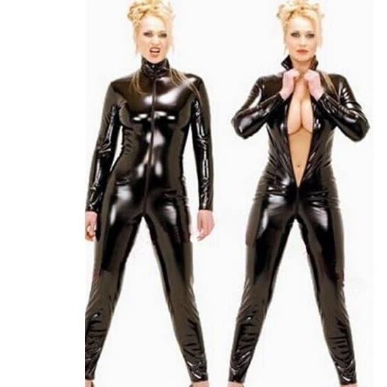 Utopia Lingerie Costume Temptation Bodysuit with Extra-Long Zipper Leather Coat Shapewear Patent Leather Policewoman European-American Style
