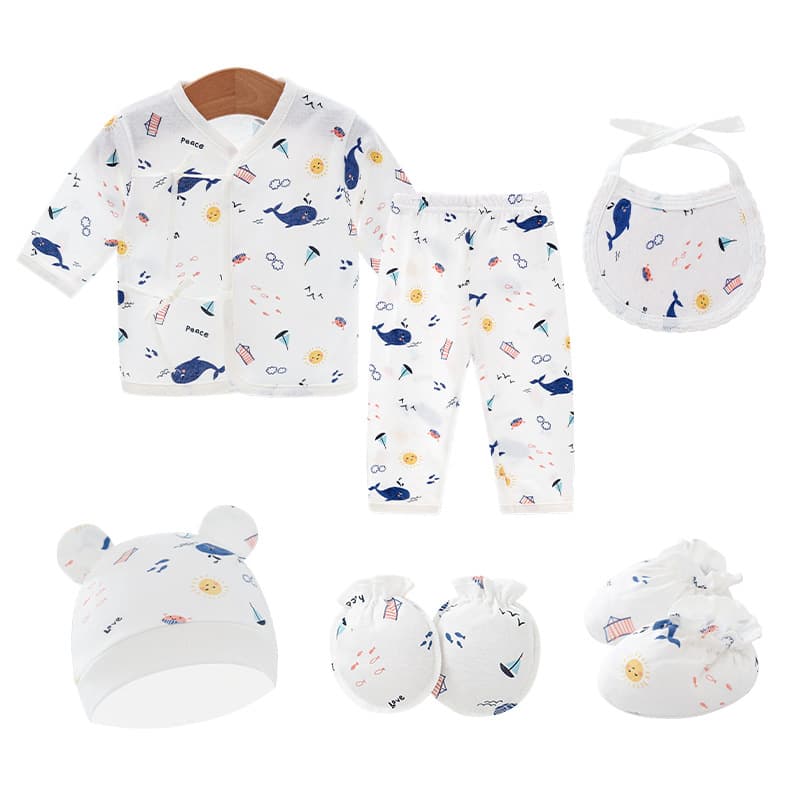 Newborn Placenta Baby Clothes Lace-Up Monk Outfit Crotch Six-Piece Set with Baby Hat, Hands, and Feet