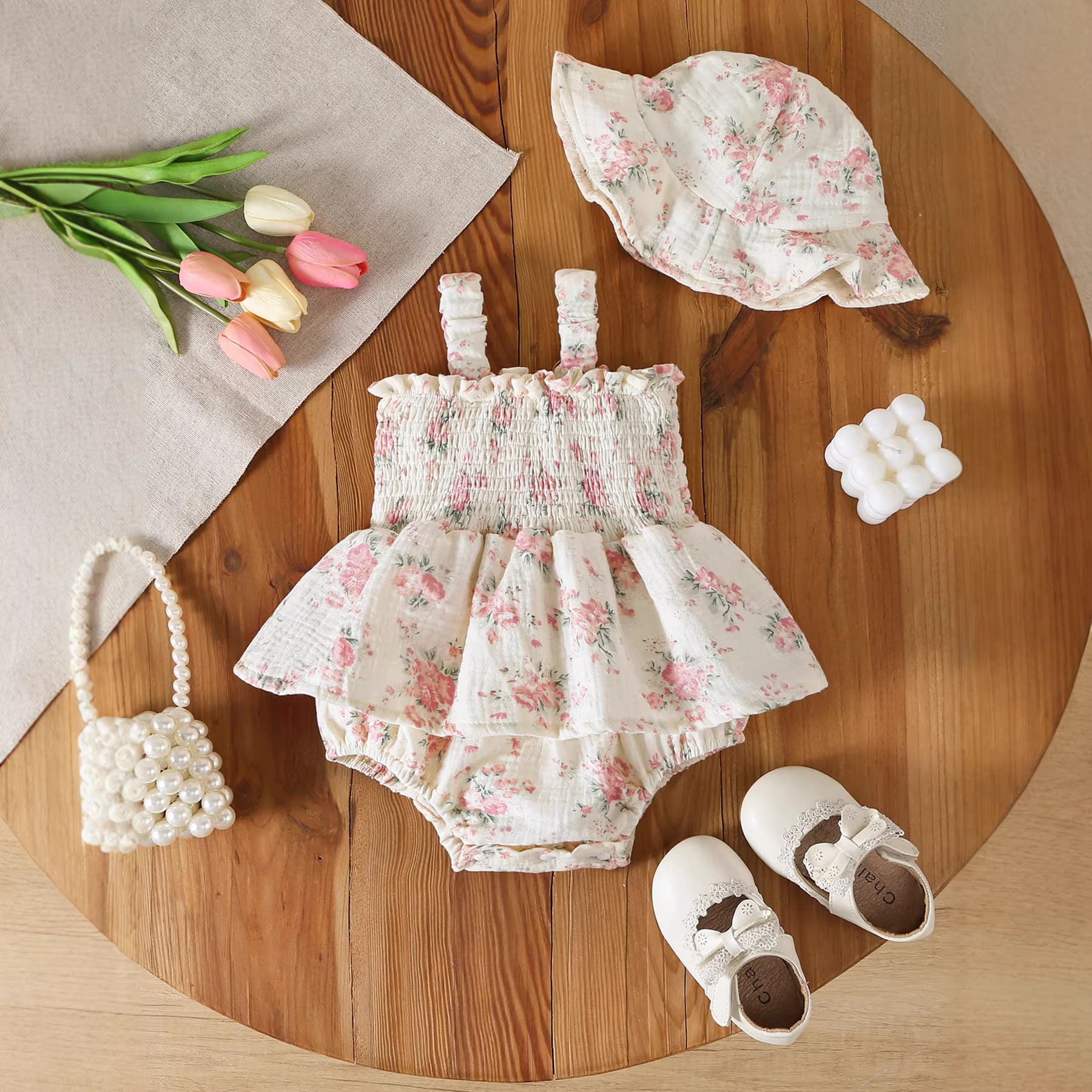 2026 Baby Summer Romper Sweet Floral Strapless Sleeveless Bodysuit for Girls Cute Triangle Crawling Outfit with Hat