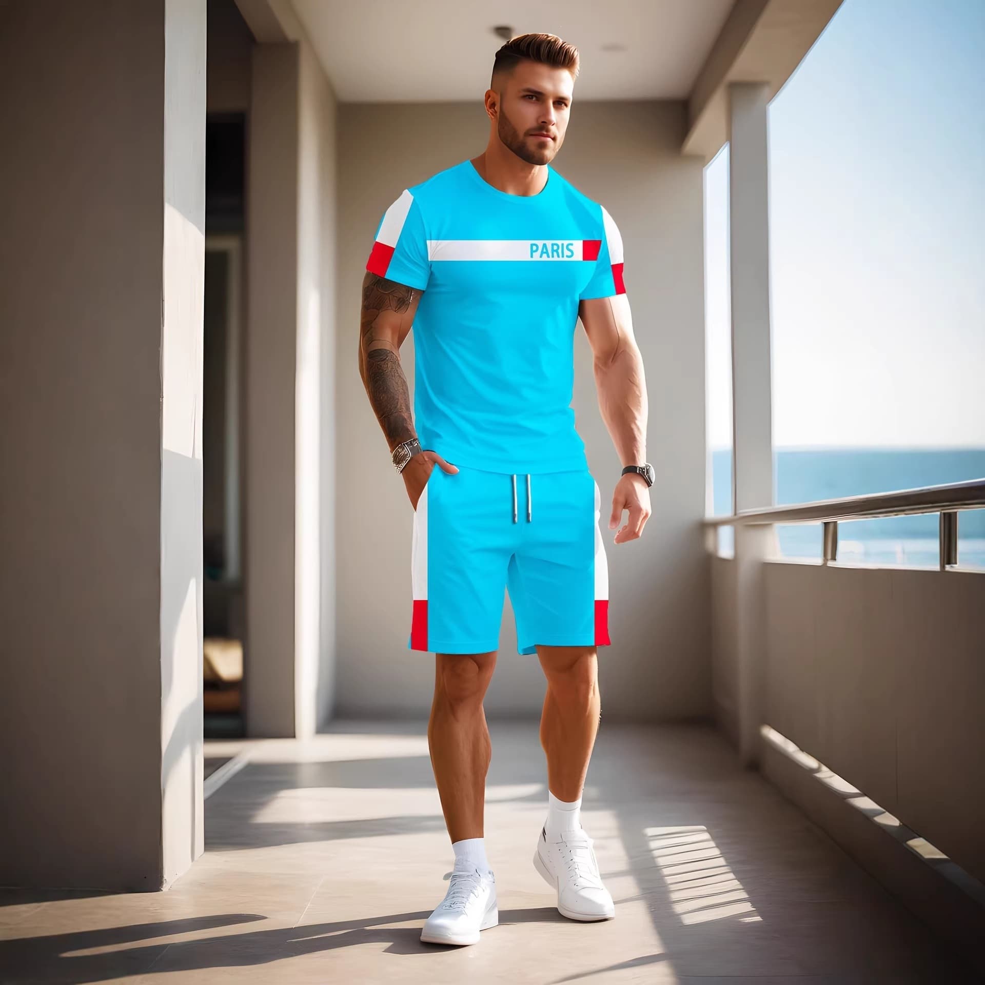 Men's Trendy Sport Set Round Neck Letter Print Short Sleeve + Drawstring Shorts Casual Versatile Men's Two-Piece Set