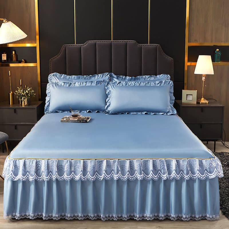 New summer ice silk bed skirt three-piece set, cooling mat, home use, non-slip, bed sheet, bed cover, single piece, washable, factory style.