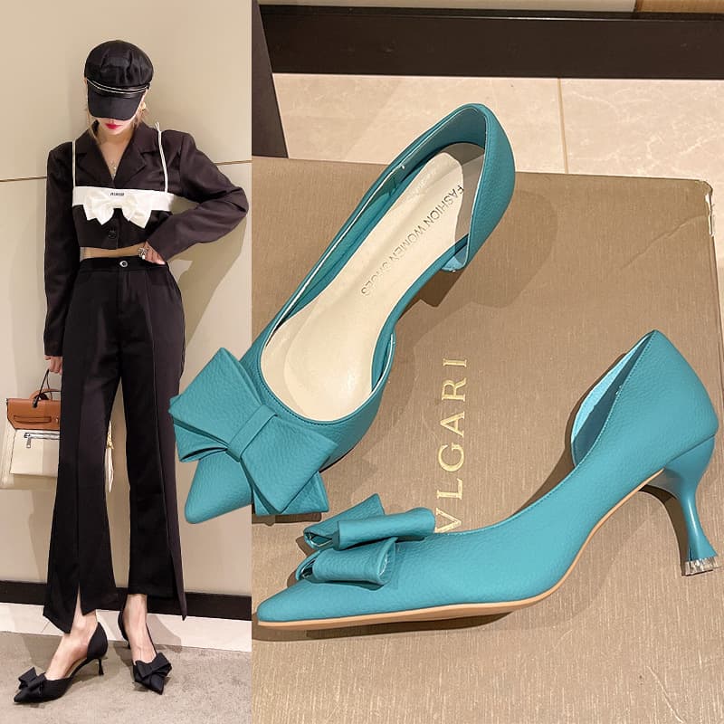 Women's Pointed Toe High Heels 2025 Autumn New Arrival Sexy Bowknot French Style Thin Heel Side Cutout Single Shoes for Export