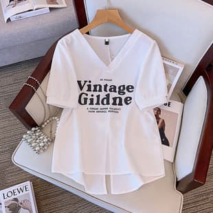 Plus Size Women's Back Slit Short Sleeve T-Shirt Summer 2026 New Korean Loose Slimming V-Neck Top