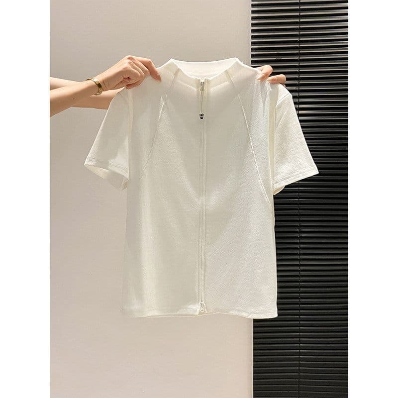 Unique Style! Stand Collar Double Zipper Short Sleeve T-Shirt for Women 2026 Summer New Korean Slim Fit Versatile Top Cotton