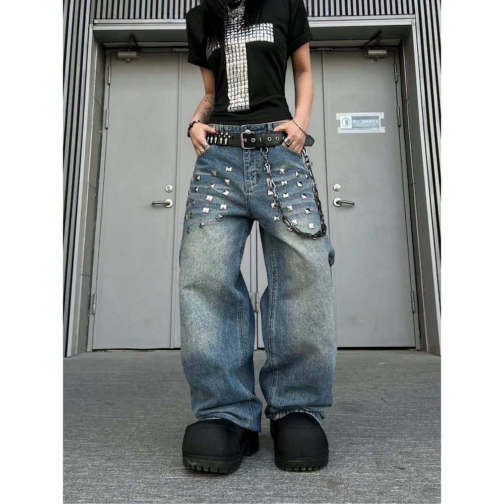 Cross-border washed retro rivet square studs decorated loose straight jeans for men and women American trendy versatile wide-leg pants
