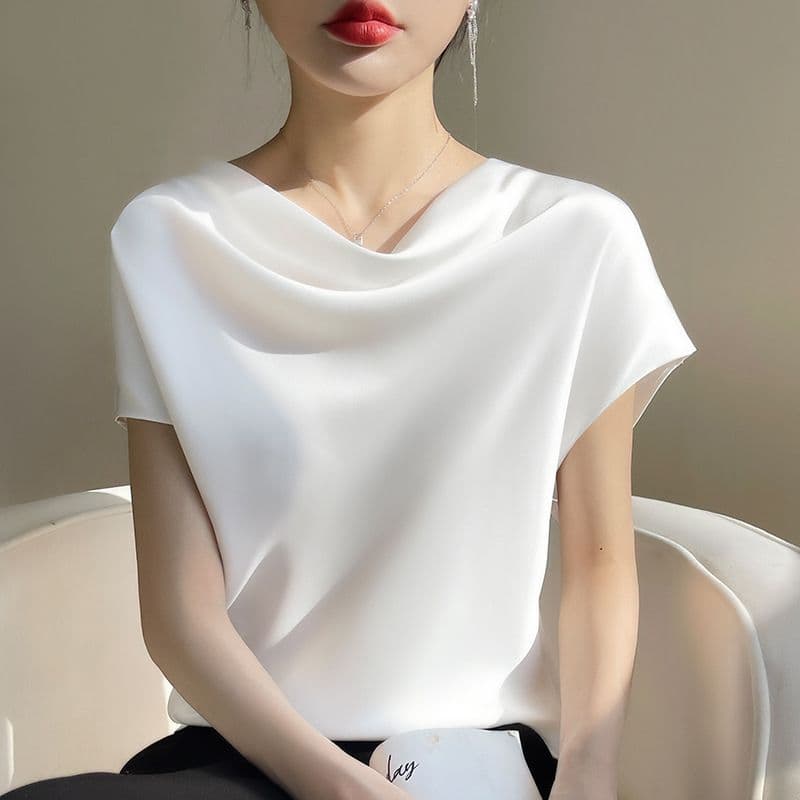 2026 Spring/Summer New Silk Satin Short Women's French Collar Chic T-Shirt Simple Short Sleeve Plus Size Top