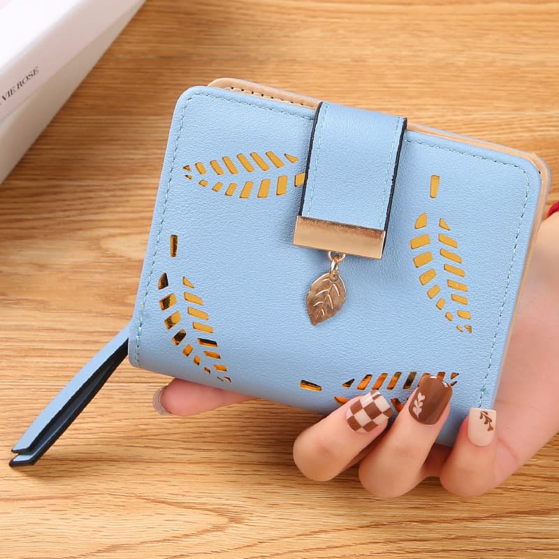 Factory wholesale women's short leaf bi-fold wallet, Korean style hollowed-out fashion trendy coin zipper card holder