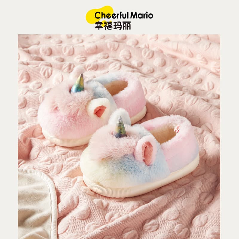 Colorful Unicorn Anti-Slip Cotton Slippers for Children Home Floor Plush Slippers Parent-Child Slip-On Shoes Soft Rabbit Fur