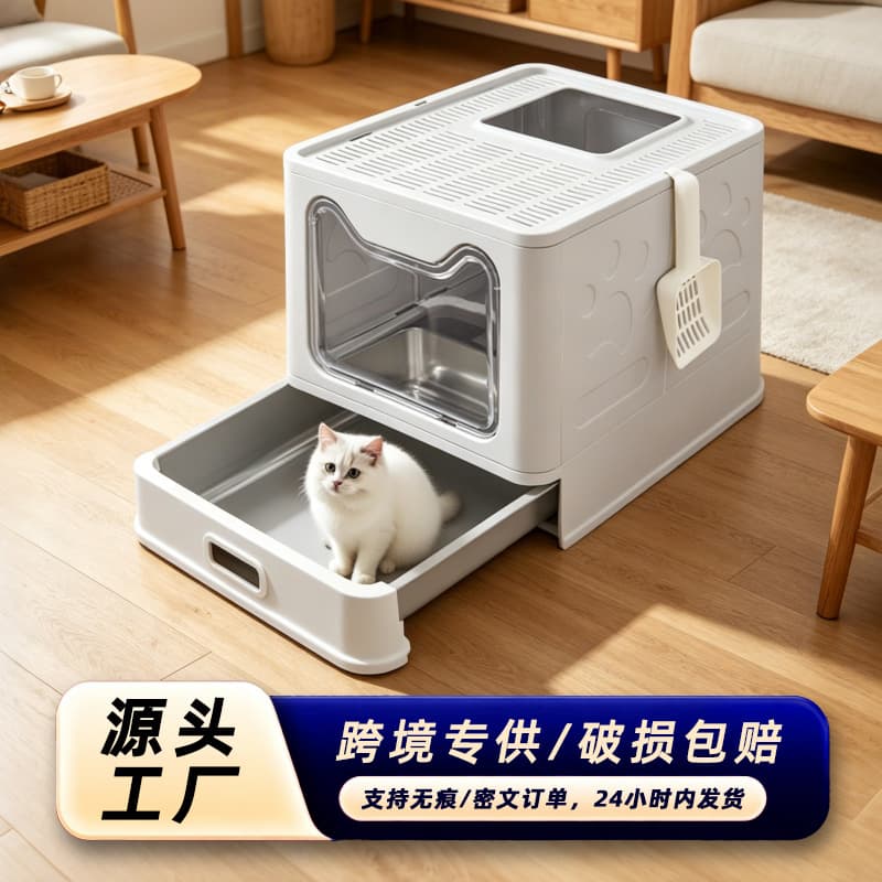 Stainless steel cat litter box extra large fully enclosed anti-splash push-out cat toilet thickened drawer type cat litter box wholesale