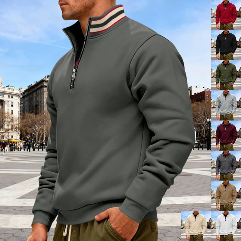 2025 Cross-Border European and American Autumn and Winter Fleece Heavy Sweatshirt Loose Outdoor Stand-Up Collar Half-Zip Casual Sports Sweatshirt for Men