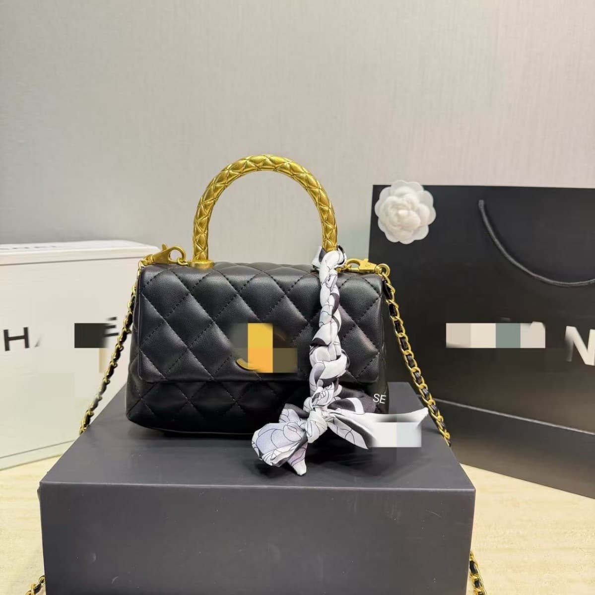 Foreign Trade Xiangjia Caviar Handie Top Handle Flap Bag Genuine Leather Small Fragrance Style Diamond Quilted Chain Bag Fashion Shoulder Bag
