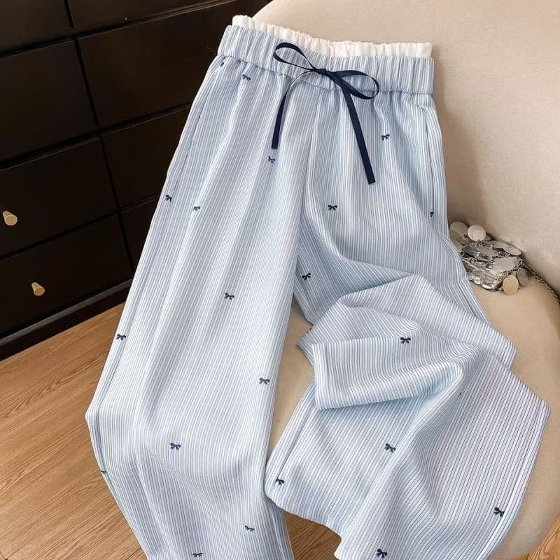 Korean Style Blue Fresh Striped Wide-Leg Pants for Women Spring/Summer 2025 New Straight-Leg Casual Long Pants with Design