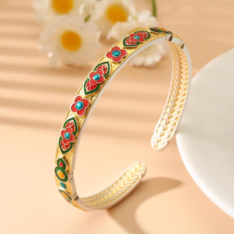 No. 8303 999.9 Pure Silver Gold Traced Enamel Four-Leaf Clover and Baoxiang Flower Bracelet, Niche Luxury National Trend Style Silver Bangle
