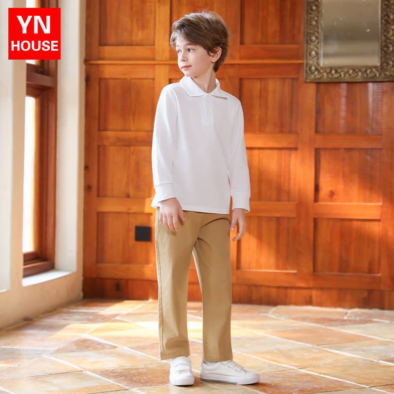 Primary School Boy Uniform Set Polo Shirt for Older Kids, Formal Wear with Elastic Waist, Khaki Class Outfit Casual Set