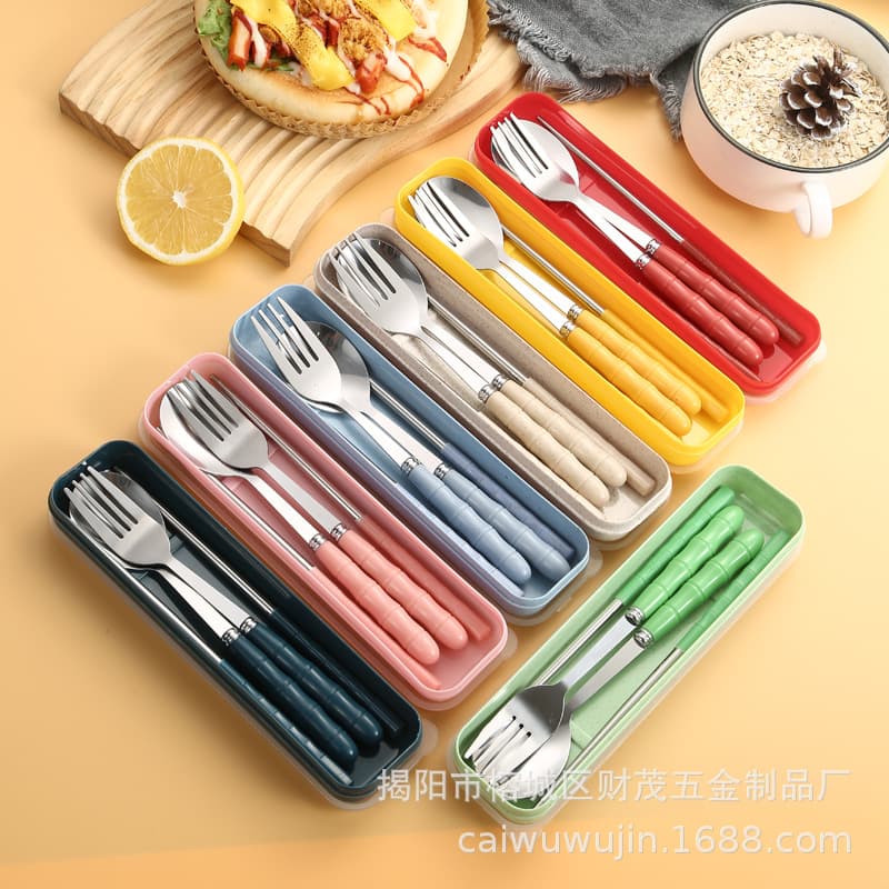 Stainless Steel Portable Tableware Student Field Supermarket Chopsticks Fork Spoon Three-piece Set Bamboo Handle Gift Set