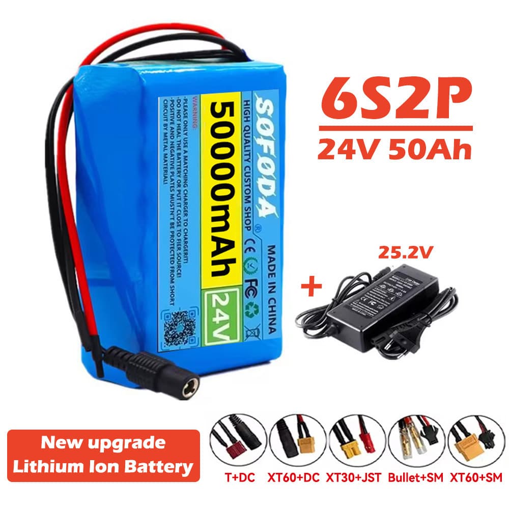 24V 6S2P 50000mAh 18650 Lithium Battery Pack 24V with BMS Rechargeable Battery + 2A Charger