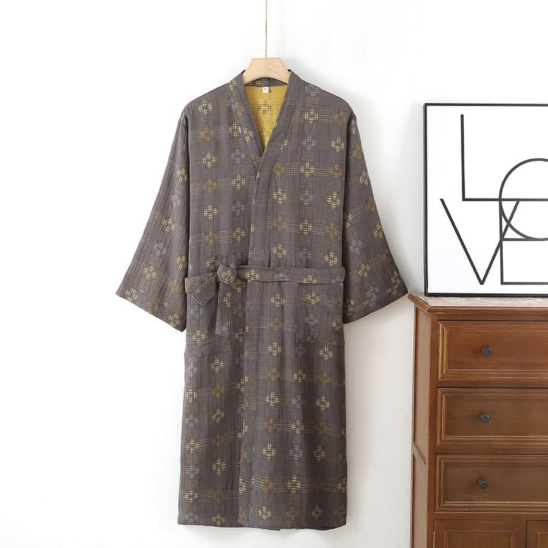 Men's kimono-style bathrobe, pure cotton yarn-dyed jacquard pajamas, mid-length, plus size, for autumn and winter.
