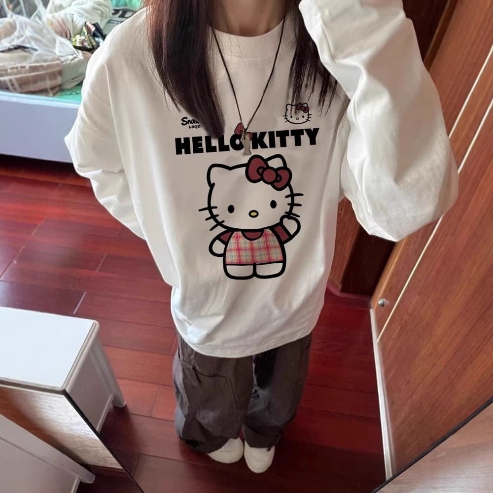 Korean Hello Kitty Long-Sleeve T-Shirt for Women, Spring/Autumn/Winter, Pure Cotton Top, Age-Reducing, Versatile, Loose-Fitting Base Layer