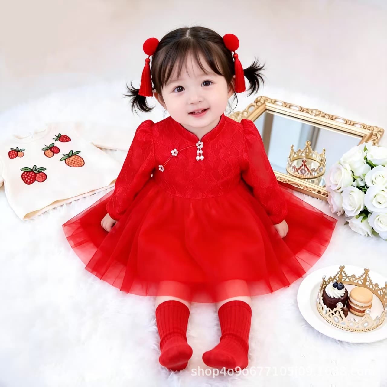Baby Girl Red Festive Dress, 1st Birthday Celebration Gown, Elegant Girls Lace Trim Princess Dress