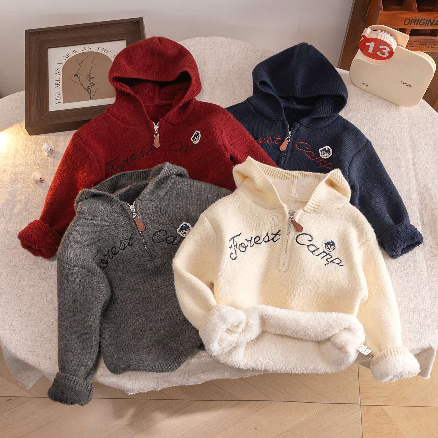 Kids Fleece Lined Sweater Hooded Boys Winter Pullover Toddler Letter Clothes Baby Knit Top Girls Thickened