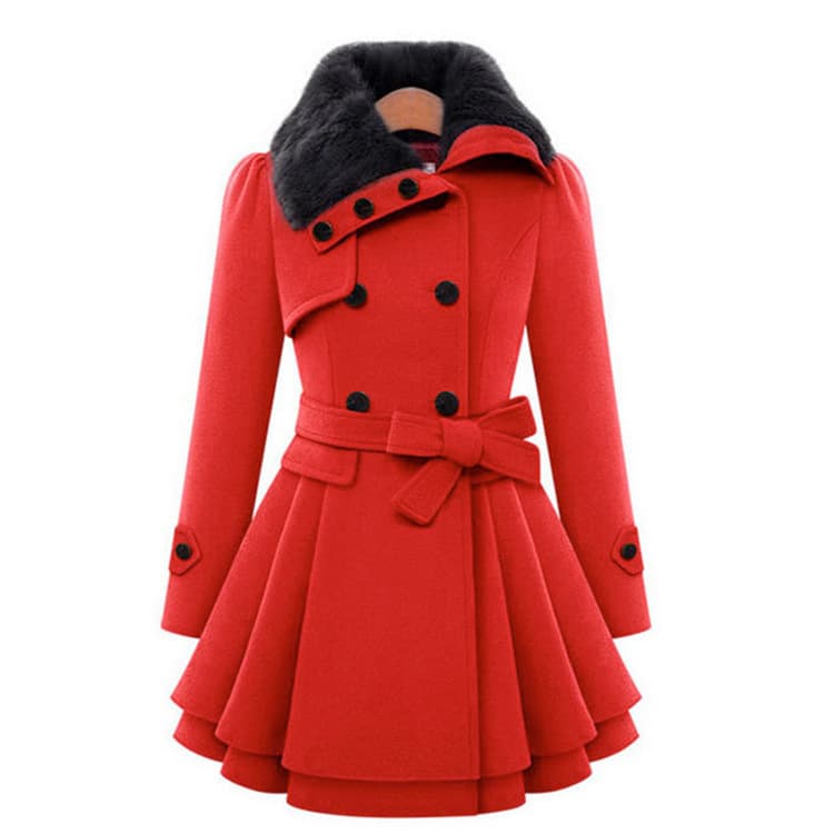 Cross-Border Ready-Made Women's Clothing Export Mid-Length Slim Woolen Coat with Large Skirt and Fur Collar Double-Breasted Woolen Coat