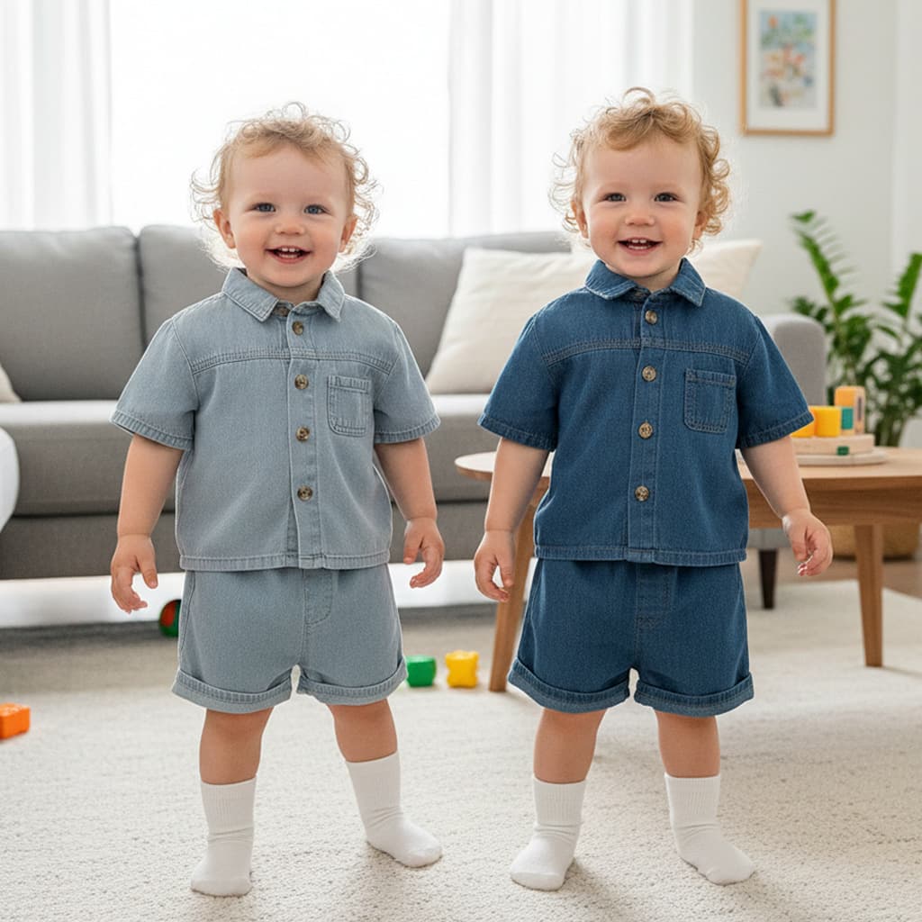 2026 Summer New Kids Korean Style Denim Outfit Set for Boys and Girls, Short Sleeve Denim Shirt with Pants, Trendy Two-Piece Set