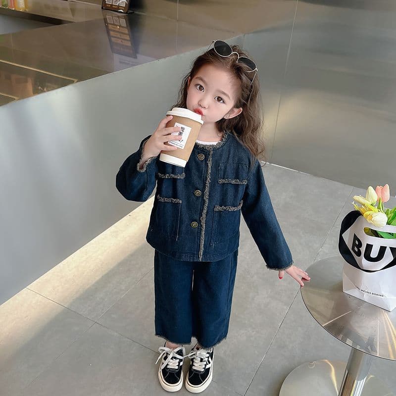 Girls Autumn Outfit Set Kids Spring Fall Retro Denim Jacket Wide-Leg Pants Baby Girls Two-Piece Set Toddler