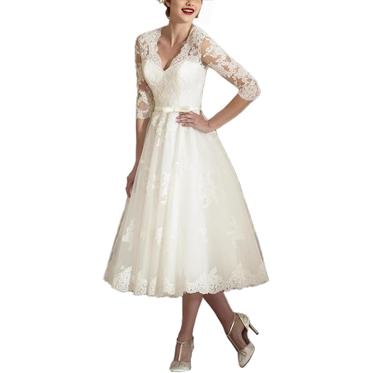 French-style Light Wedding Dress Lace Medium Sleeve Medium Length Elegant Dress for Bride Wedding Registration Small White Dress Daily Wear