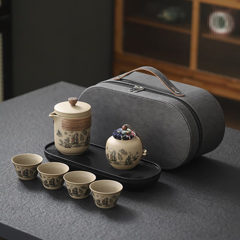 Travel Tea Set One Pot Three or Four Cups, Coarse Pottery Quick Cup, Portable Outdoor Kung Fu Tea Pot Souvenir Gift