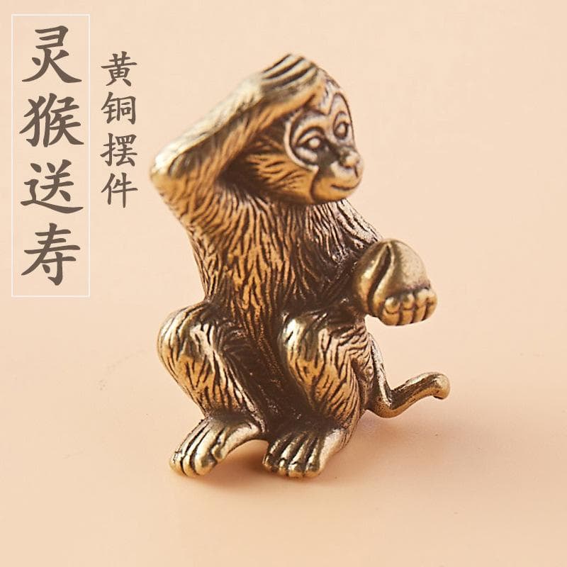 Solid Pure Brass Monkey Offering Peach Small Ornament, Zodiac Cute Little Monkey Longevity Peach Copper Piece, Antique Bronze Sculpture