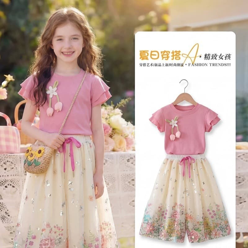 2026 Super Hot Girls' Clothing Suit Summer New Style Girls' Fashionable Floral Skirts Girls' Summer Clothes Korean Short Sleeves