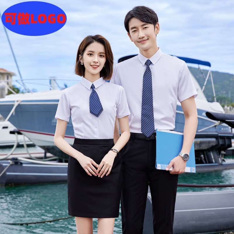 Short-sleeve plain cotton shirt with workwear embroidery LOGO, unisex professional fit shirt for hotels and car 4S stores