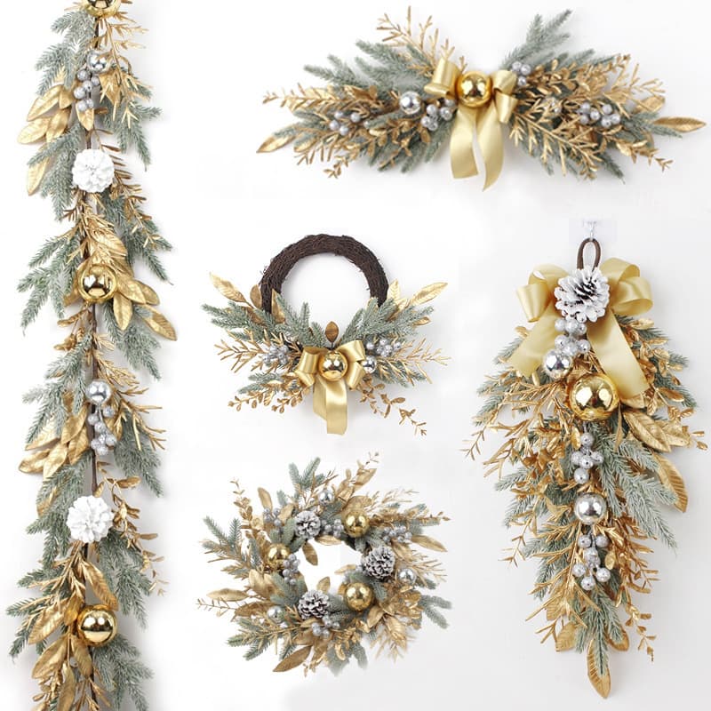 Cross-border Christmas Wreath Amazon Pinecone Frosted Pine Needles Golden Branches Electroplated Ball Vine Ring Door Hanging Vine Set