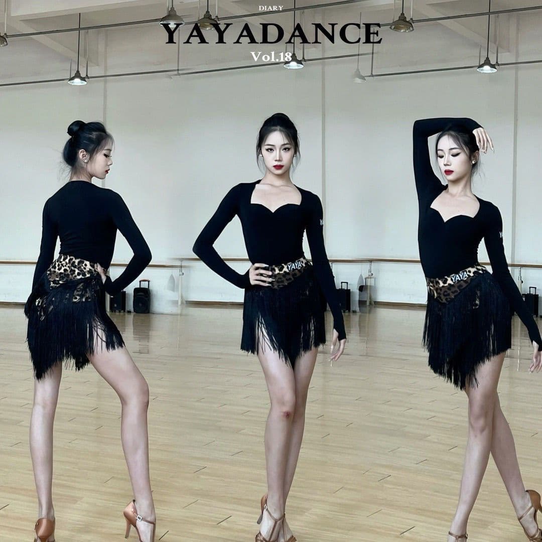 YAYA dancewear Latin dance outfit new practice and performance wear, black long-sleeve top with square neck and fringe skirt for women.