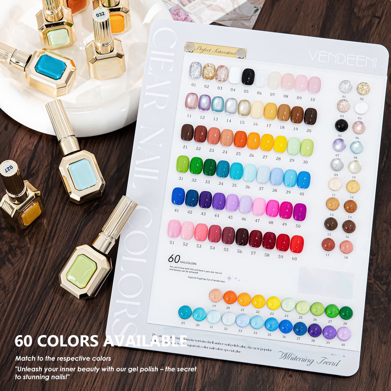 Vendeeni New 60-Color Comprehensive Basic Color Series Set Gel Cat Eye Glitter Candy Sheer Solid Nail Gel Polish