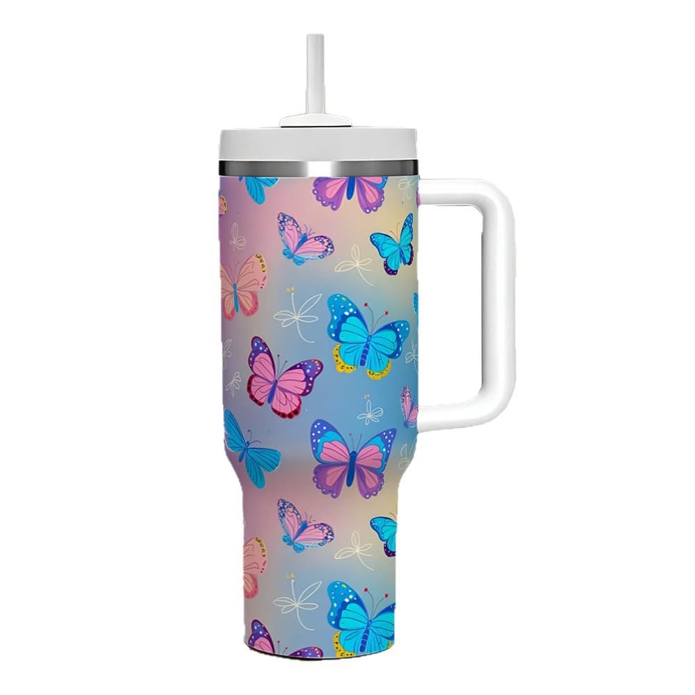 Cross-border Insulated Hot and Cold Outdoor Car Cup Butterfly Straw Vacuum Ice Master Cup 40oz Double-layer Stainless Steel Handle Cup