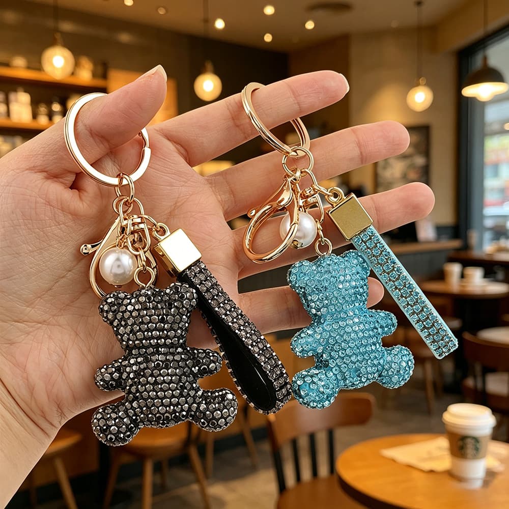 Cartoon Bear Keychain Cute Full Diamond Car Key Pendant Creative Couple Key Chain Bag Decoration