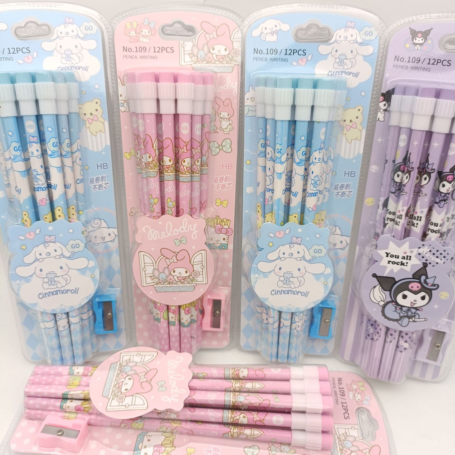 Sanrio Kuromi Cinnamoroll Eraser Head Pencil Set with Sharpener for Students Exam Practice Children Stationery