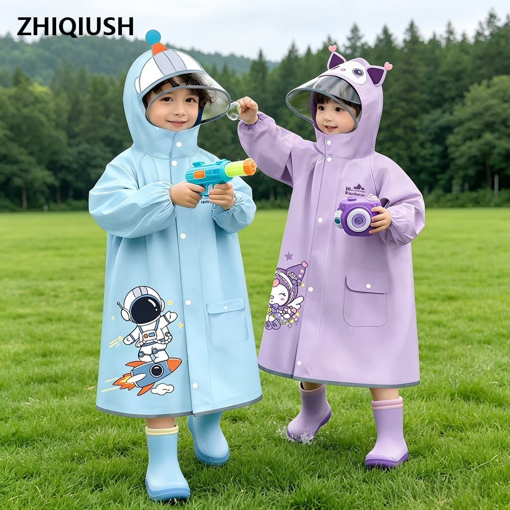 Kids Raincoat Waterproof Children Rain Poncho with Hood Visor Kindergarten Baby Cute Cartoon Long Style