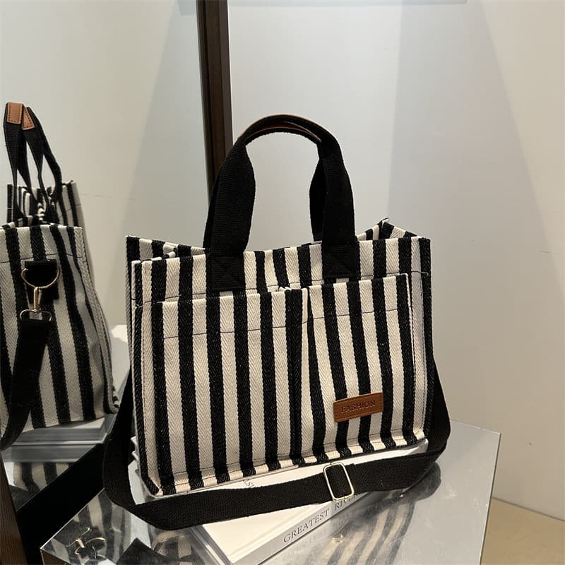 2024 New Commuter Large Capacity Bag Women's Trendy Striped Canvas Crossbody Bag Fashion Handheld Tote Bag