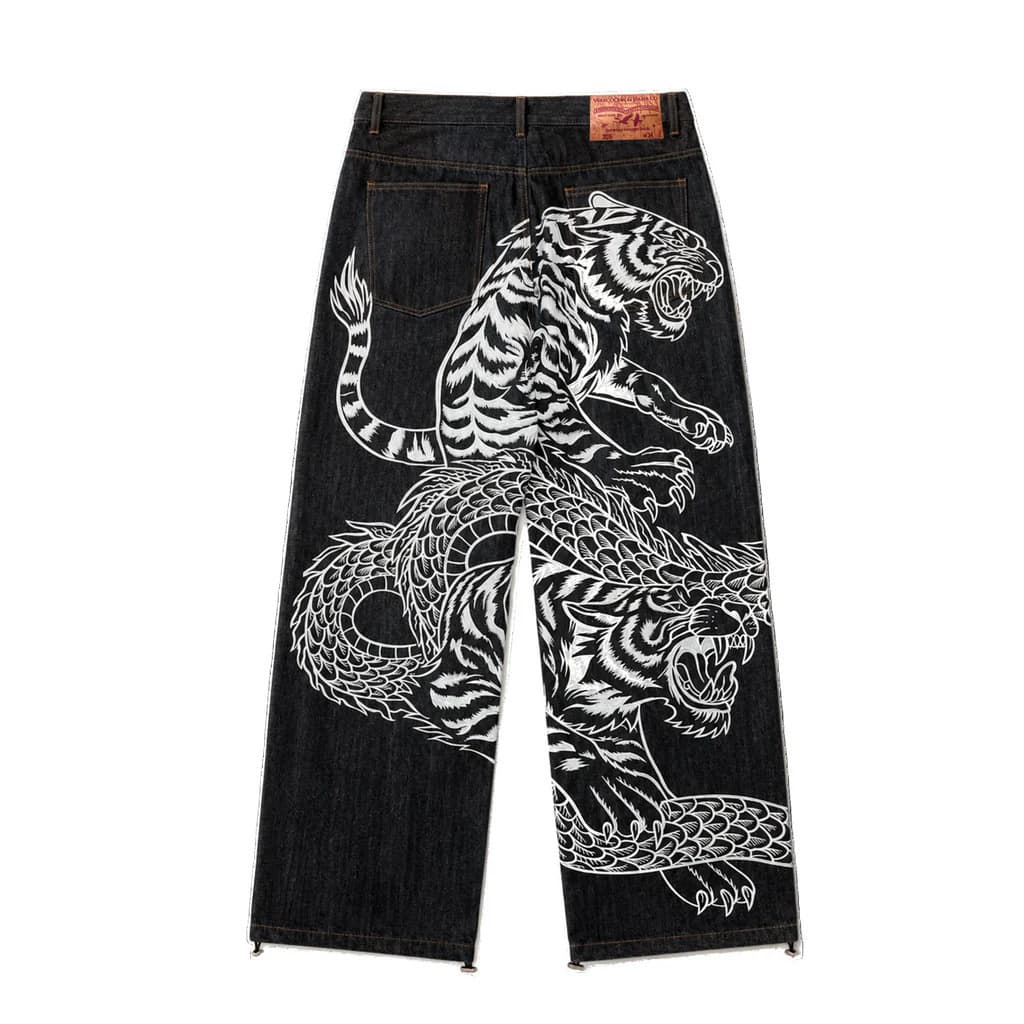 European and American cross-border trendy dragon and tiger full-back printed wide-leg low-rise jeans, American-style dragon and tiger loose straight-leg jeans