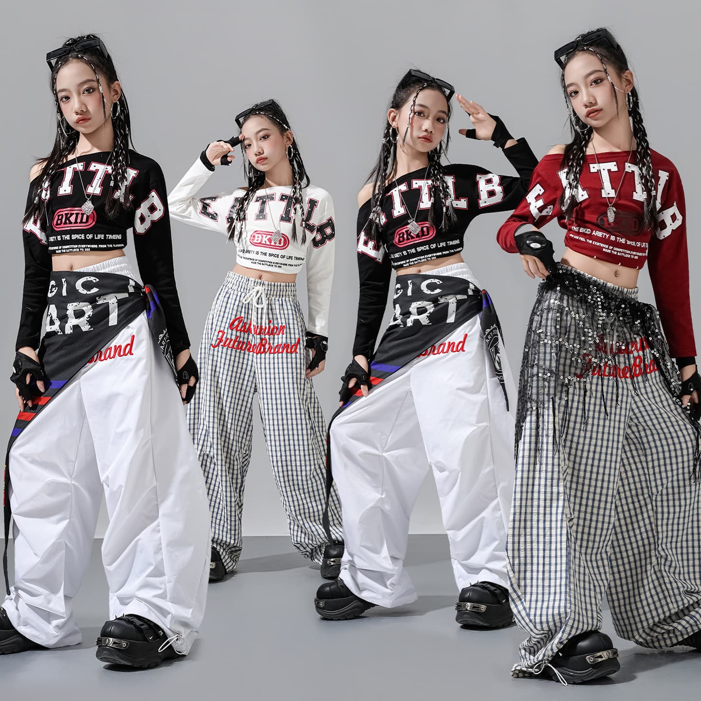 Girls' Jazz Dance Performance Costume Trendy Set Jazz One-Shoulder Long-Sleeve Dance Practice Wear Kids Street Dance Performance Outfit
