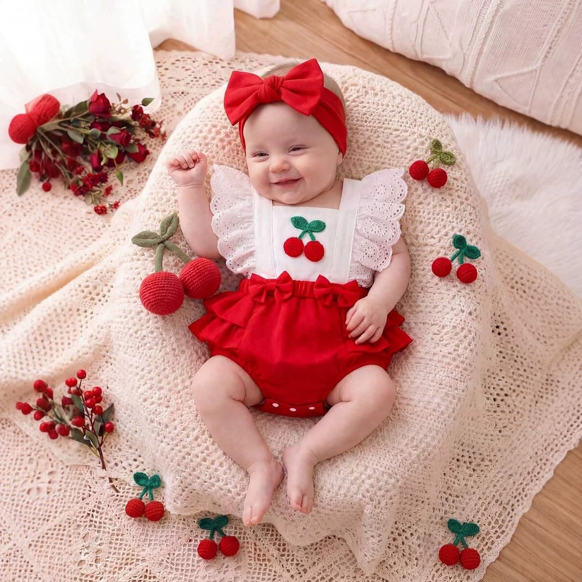 2026 Summer Clothes Cross-border European and American Baby Baby Covered Harness Lace Flying Sleeves Cherry Headband Two-piece Set