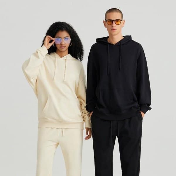 Unisex Cotton Terry Hoodie and Jogger Set, Casual Sportswear, Eggshell White, Long Sleeve, Loose Fit