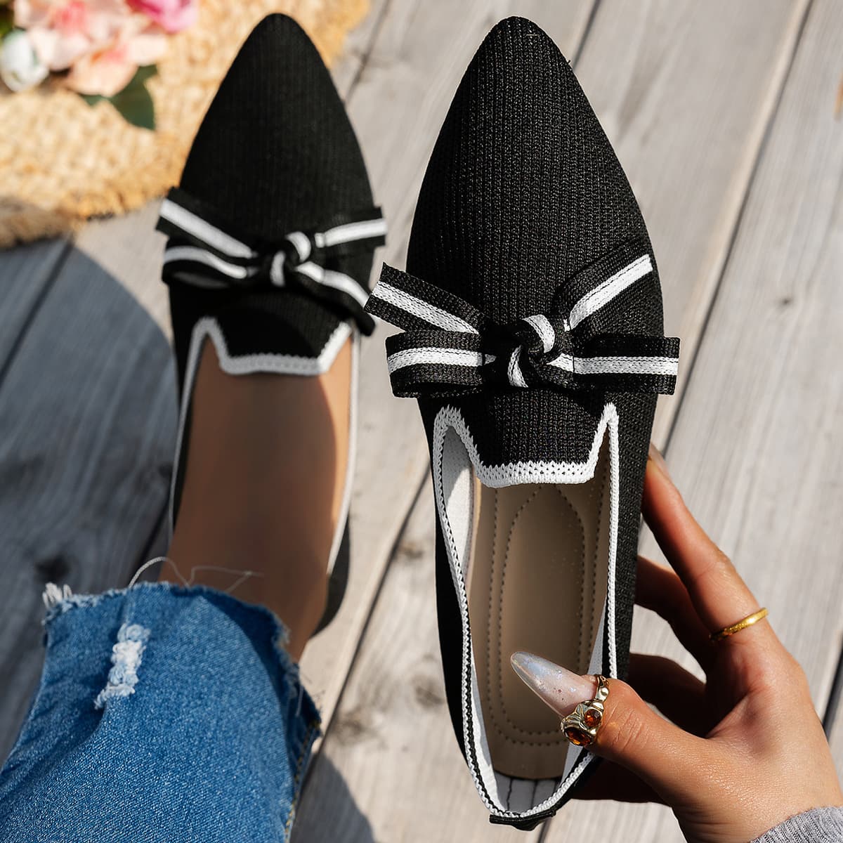 Cross-Border Large Size Shallow Mouth Fly Woven Mesh Flat Pointed Toe Shoes for Women with Bow Color Matching Breathable Low-Top Loafers