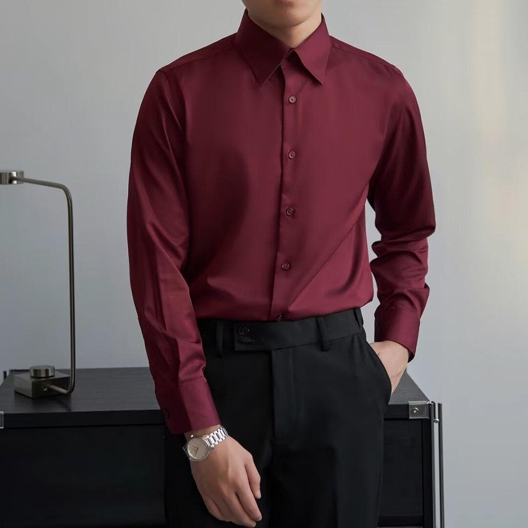 Korean Style Autumn Black Shirt Men Long Sleeve Slim Fit Business Formal Wear Burgundy Wedding Shirt Stretch Wrinkle-Free