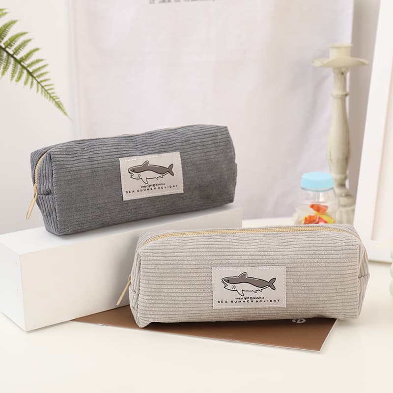 New Cute Shark Corduroy Pencil Bag Unisex Korean Style Durable Stationery Box Large Capacity Pencil Case